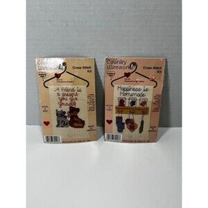 Vintage COUNTRY WIREWORKS Cross Stitch Kit #070116 Friend and #070103 Happiness